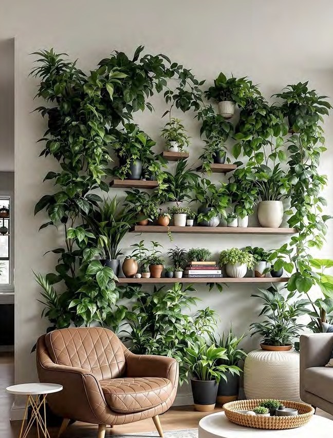 Wohnzimmer mit grüner Pflanzenwand und Ledersessel