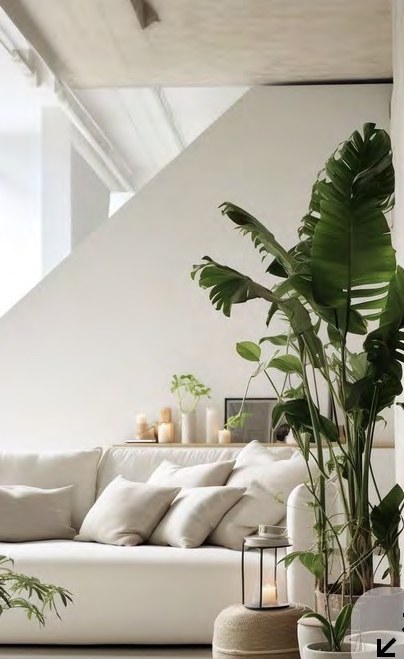Helle Couch mit großer Monstera im Loft